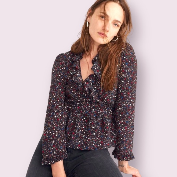 Madewell Starry Night Wrap Top | 100% Silk Ruffle Blouse | Size Small - Picture 2 of 6
